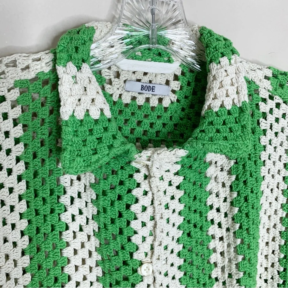Bode Crochet Shirt (Sz S/M) Flagship Short Sleeve Button Up Striped Green Cream